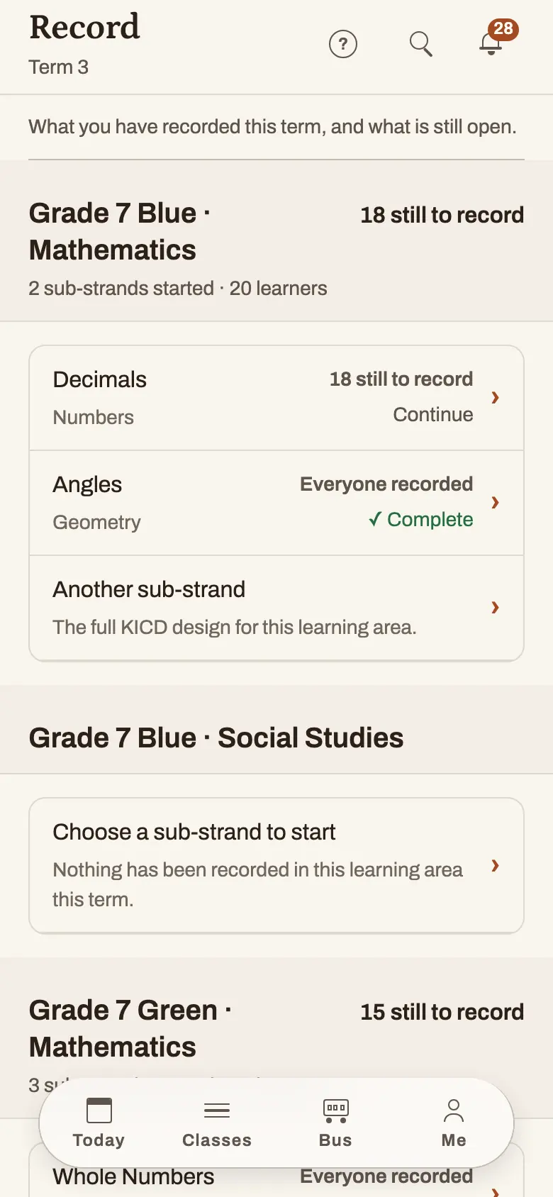 The teacher's Record screen: each class and learning area, the sub-strands started this term, and how many learners are still to record.